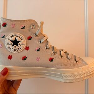Converse Women's High-Top Sneakers - Beige with Red and Pink Floral Embroidery